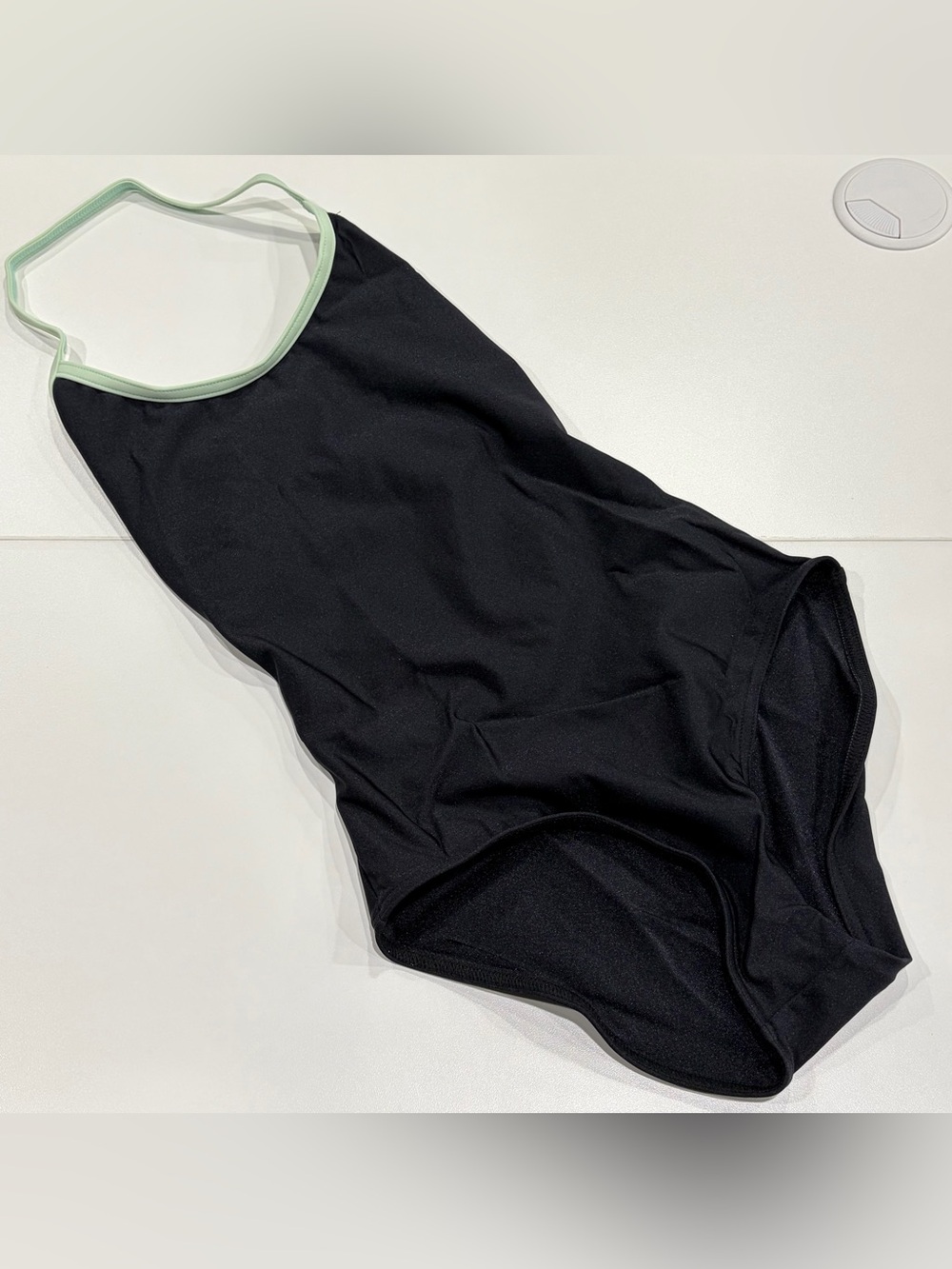 Yumiko Women's Small Kate Nylon Black Halter Leotard NWT Green Trim Bust Lined